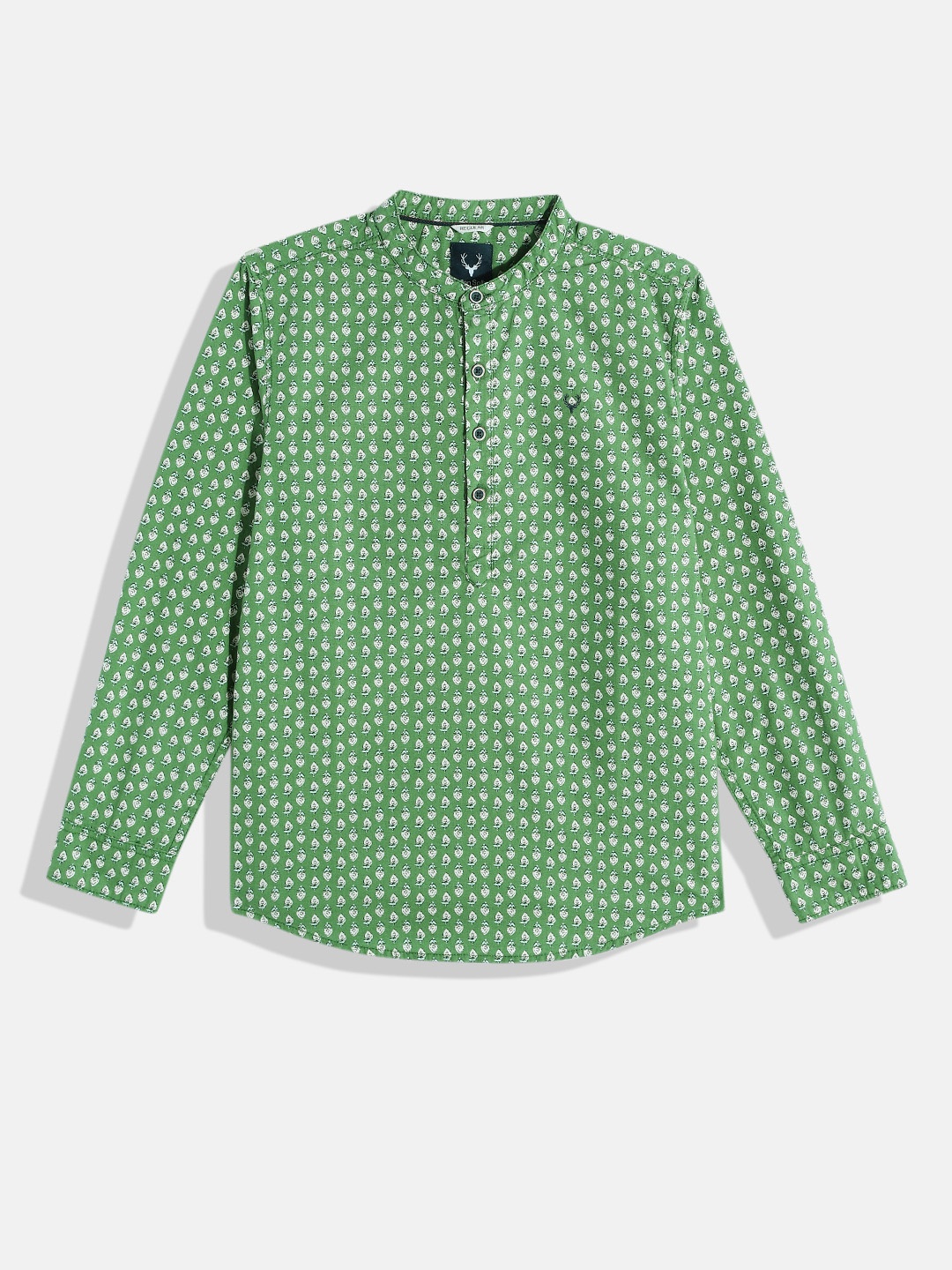 

Allen Solly Junior Boys Pure Cotton Band Collar Tropical Printed Casual Shirt, Green