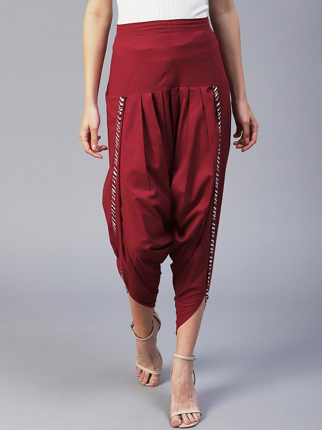 

FASHOR Printed Border Detail Pure Cotton Standard-Fit Dhoti Pant, Maroon