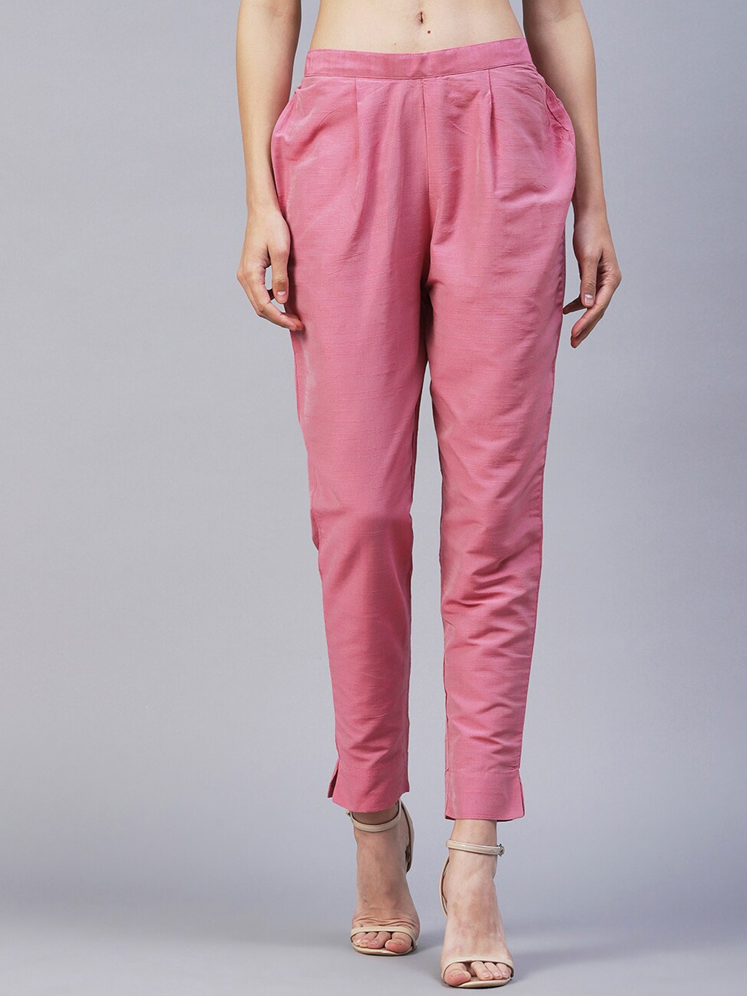 

FASHOR Women Straight Fit Pleated Cotton Peg Trousers, Pink