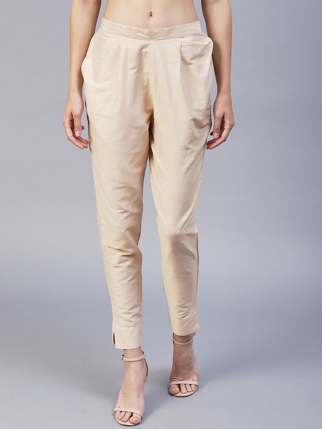 

FASHOR Women Comfort Mid Rise Straight Fit Cotton Pleated Peg Trousers, Beige
