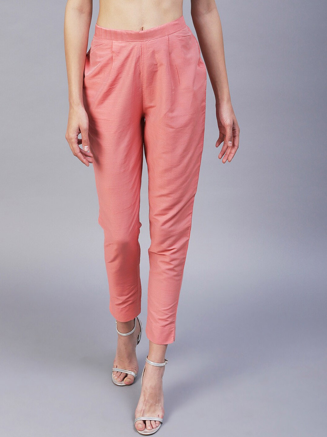 

FASHOR Women Cotton Comfort Pleated Trousers, Peach