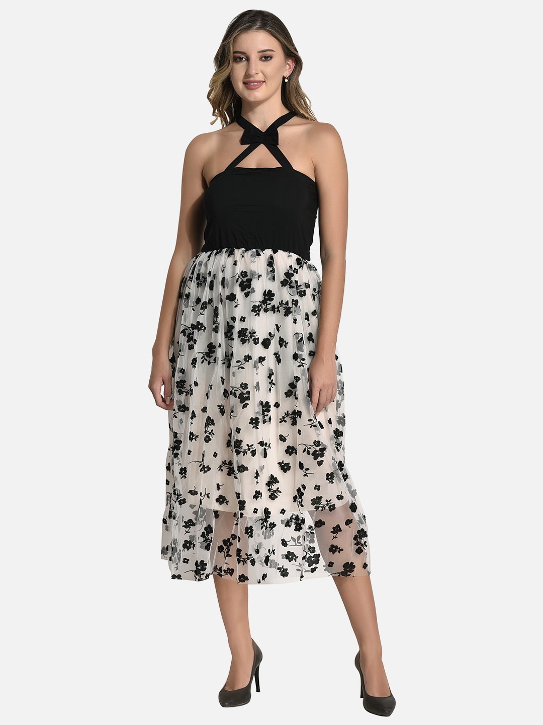 

FIMS V-Neck Floral Printed A-Line Midi Dress, Black