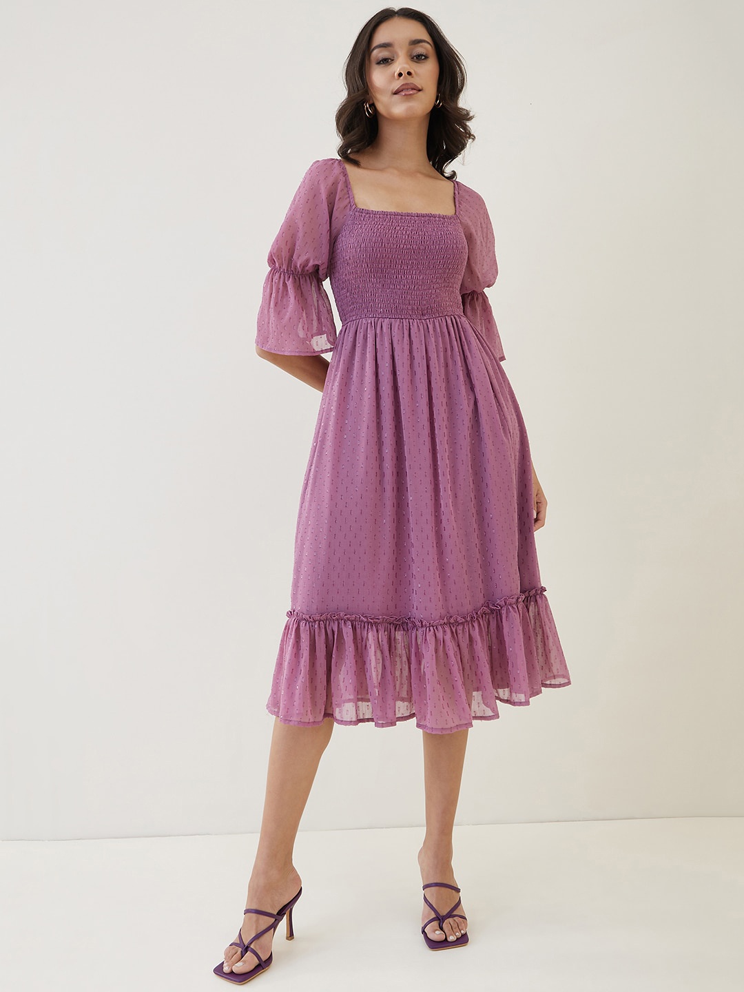 

Femella Square Neck Self Design Georgette Midi Dress, Mauve