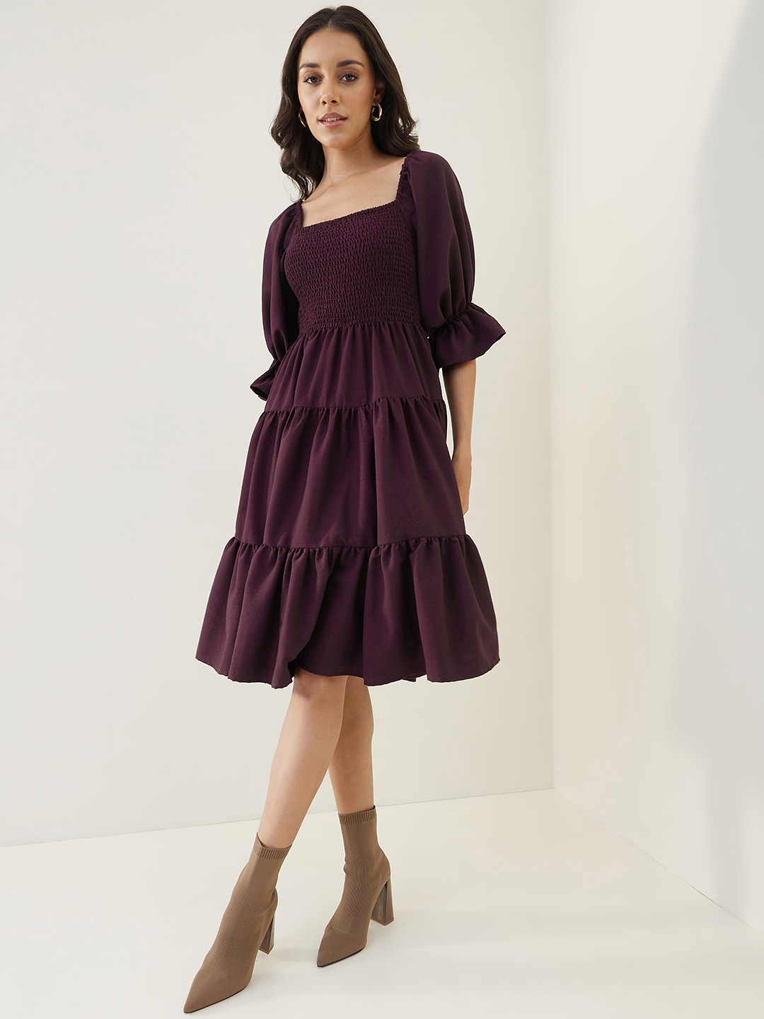 

Femella Smocked Tiered Fit & Flare Cotton Midi Dress, Purple