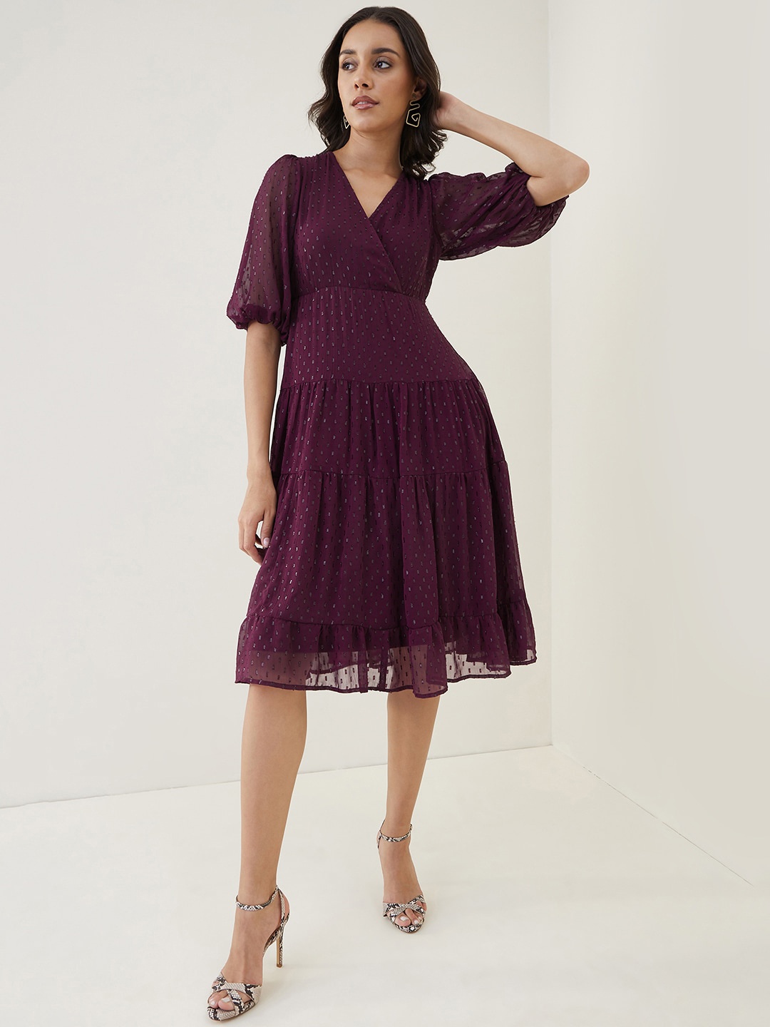 

Femella V-Neck Georgette Fit and Flare Dress, Maroon