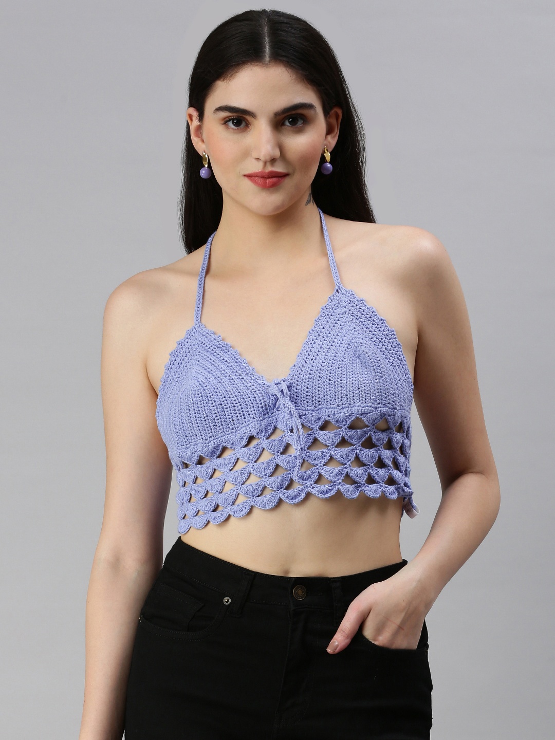 

Magic Needles Tie-Up Neck Cotton Crochet Bralette Crop Top, Blue