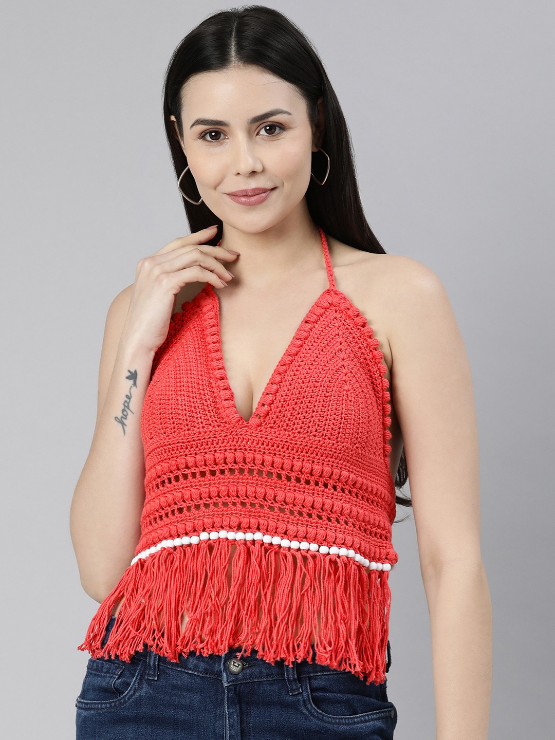 

Magic Needles Coral & White Halter Neck Crochet Bralette Crop Top