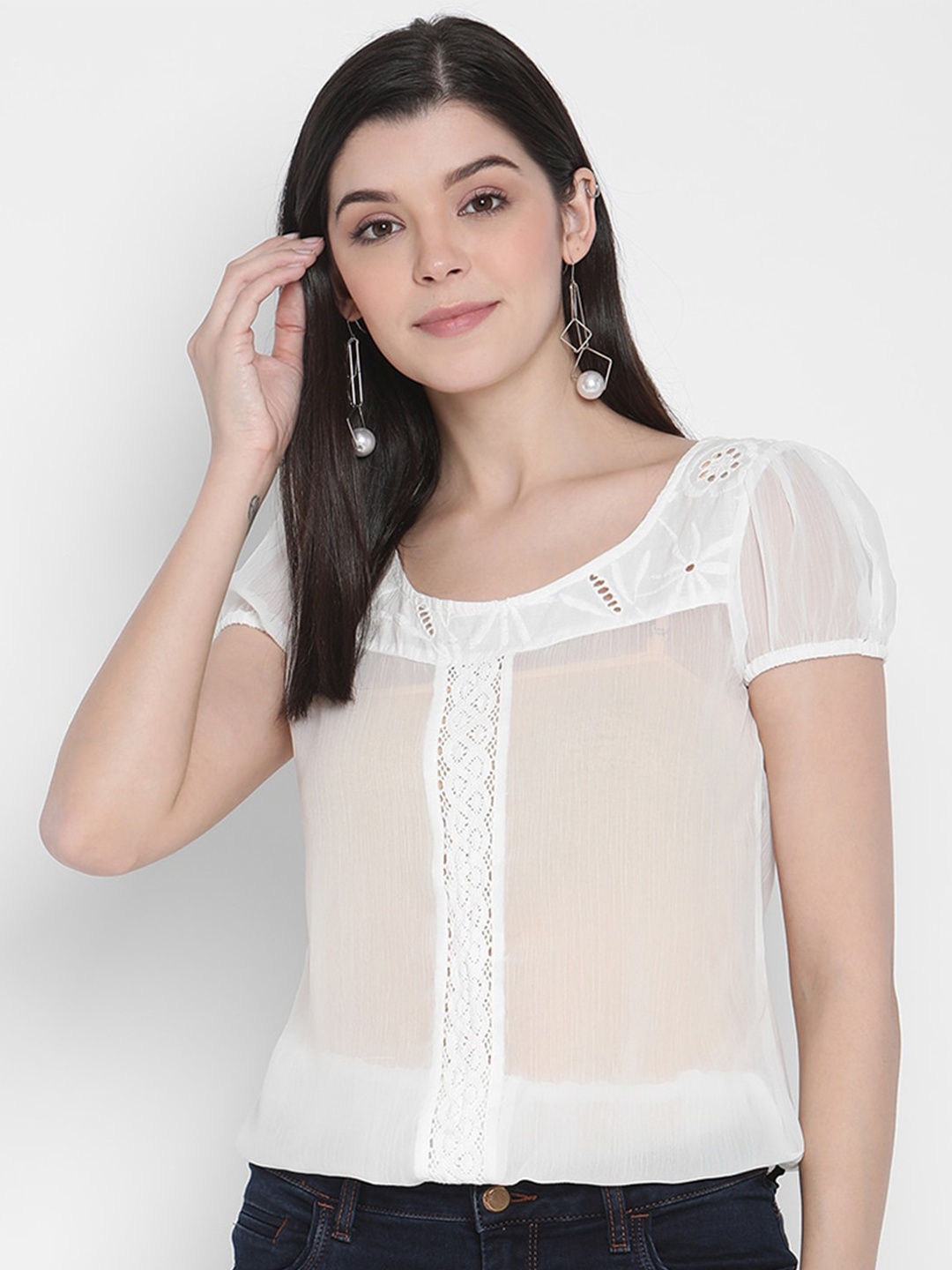 

Porsorte Puff Sleeves Lace Georgette Top, White