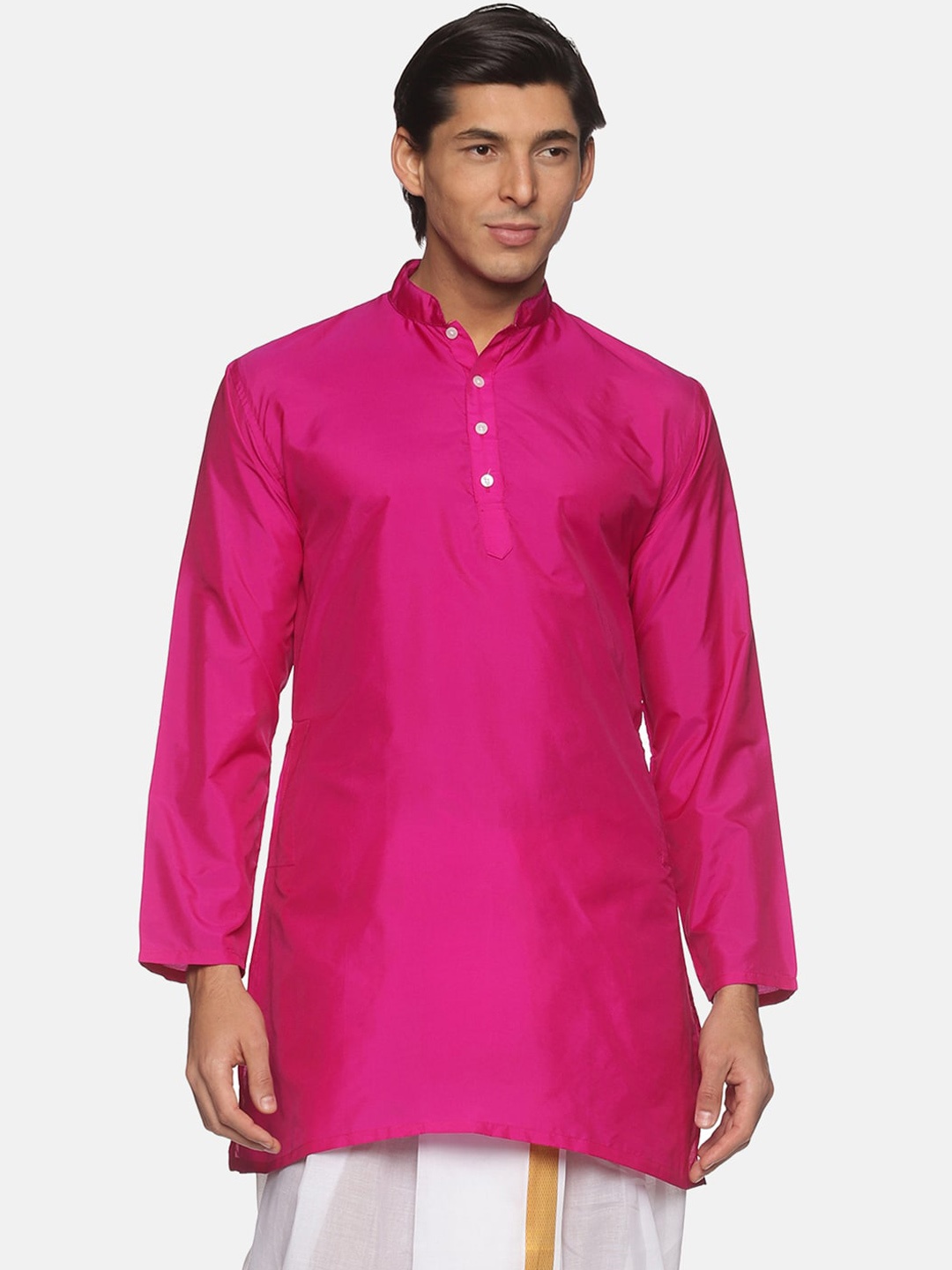 

Sethukrishna Mandarin Collar Art Silk Kurta, Pink