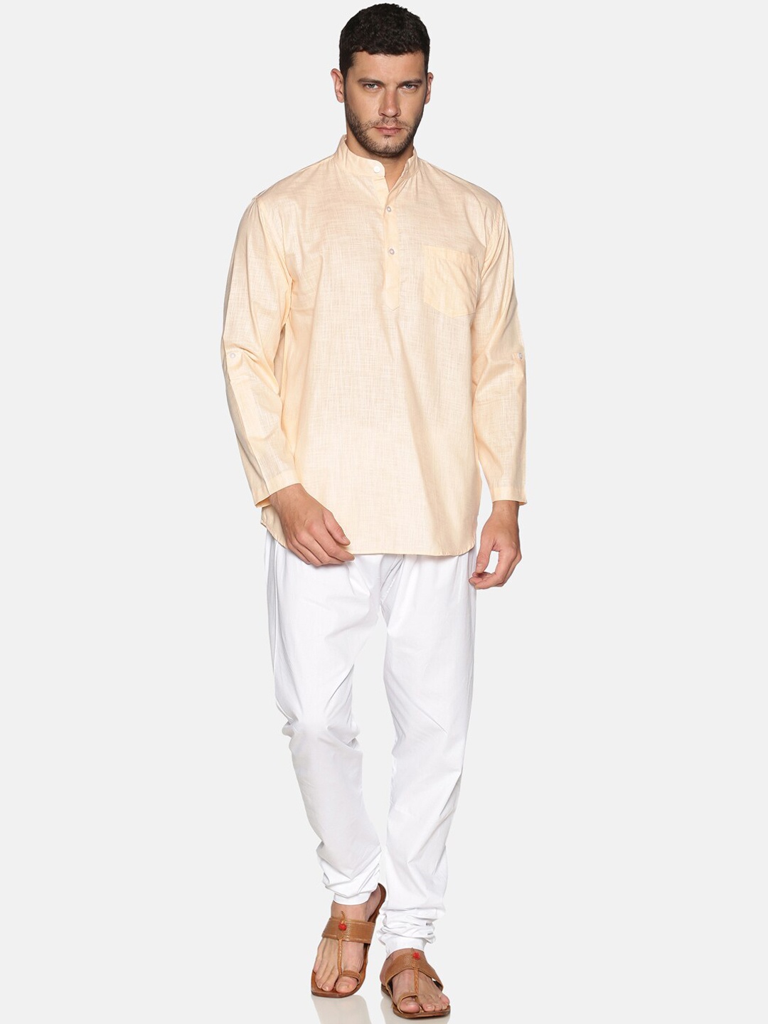 

Sethukrishna Band Collar Pure Cotton Kurta With Churidar, Orange