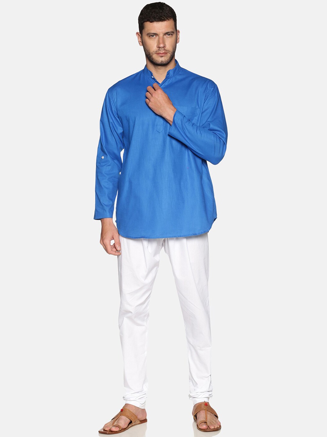 

Sethukrishna Mandarin Collar Pure Cotton Kurta with Churidar, Blue