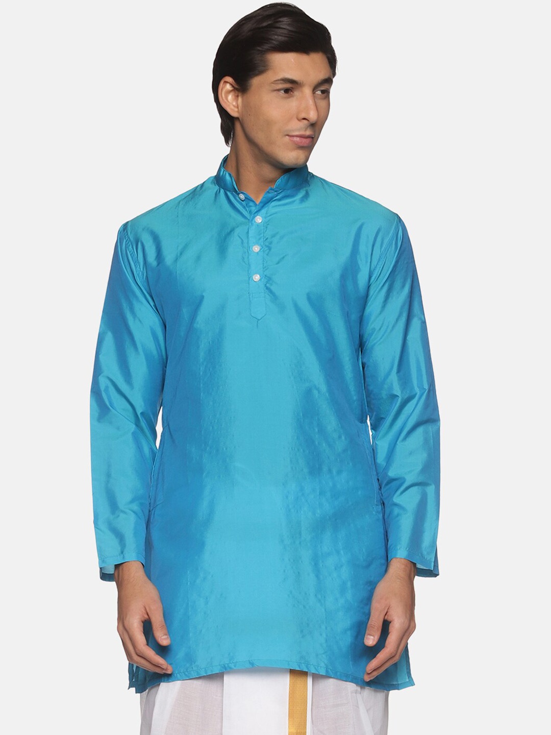 

Sethukrishna Mandarin Collar Art Silk Kurta, Turquoise blue