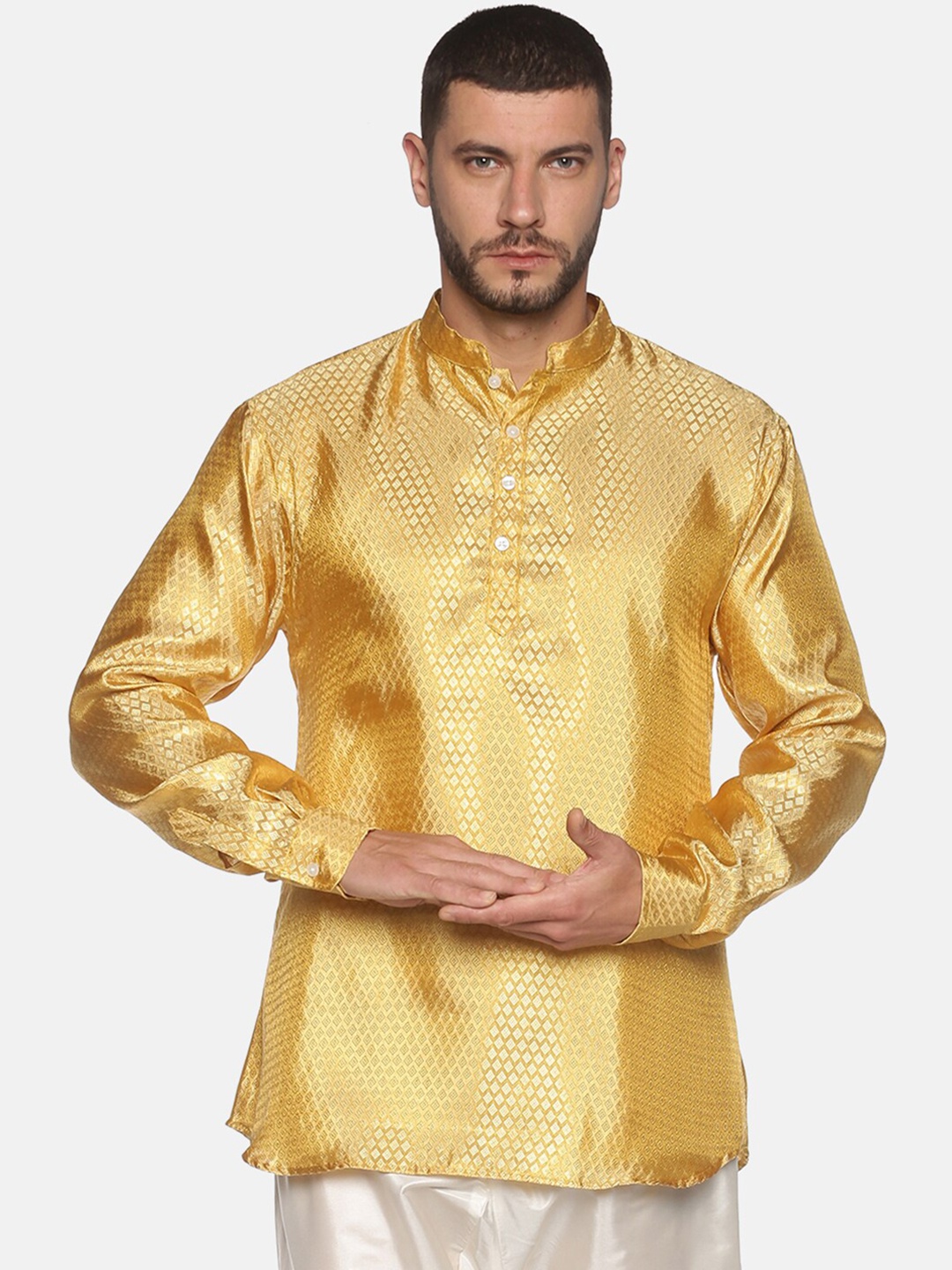 

Sethukrishna Woven Design Mandarin Collar Kurta, Gold