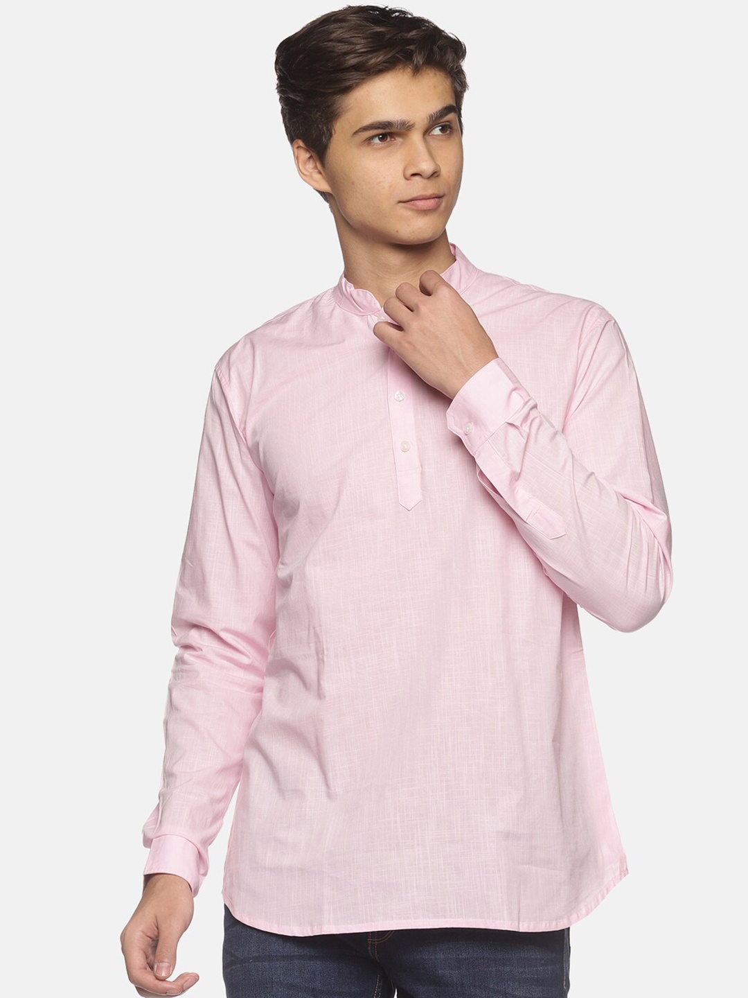 

Sethukrishna Cuffed Sleeves Mandarin Collar Cotton Kurta, Pink