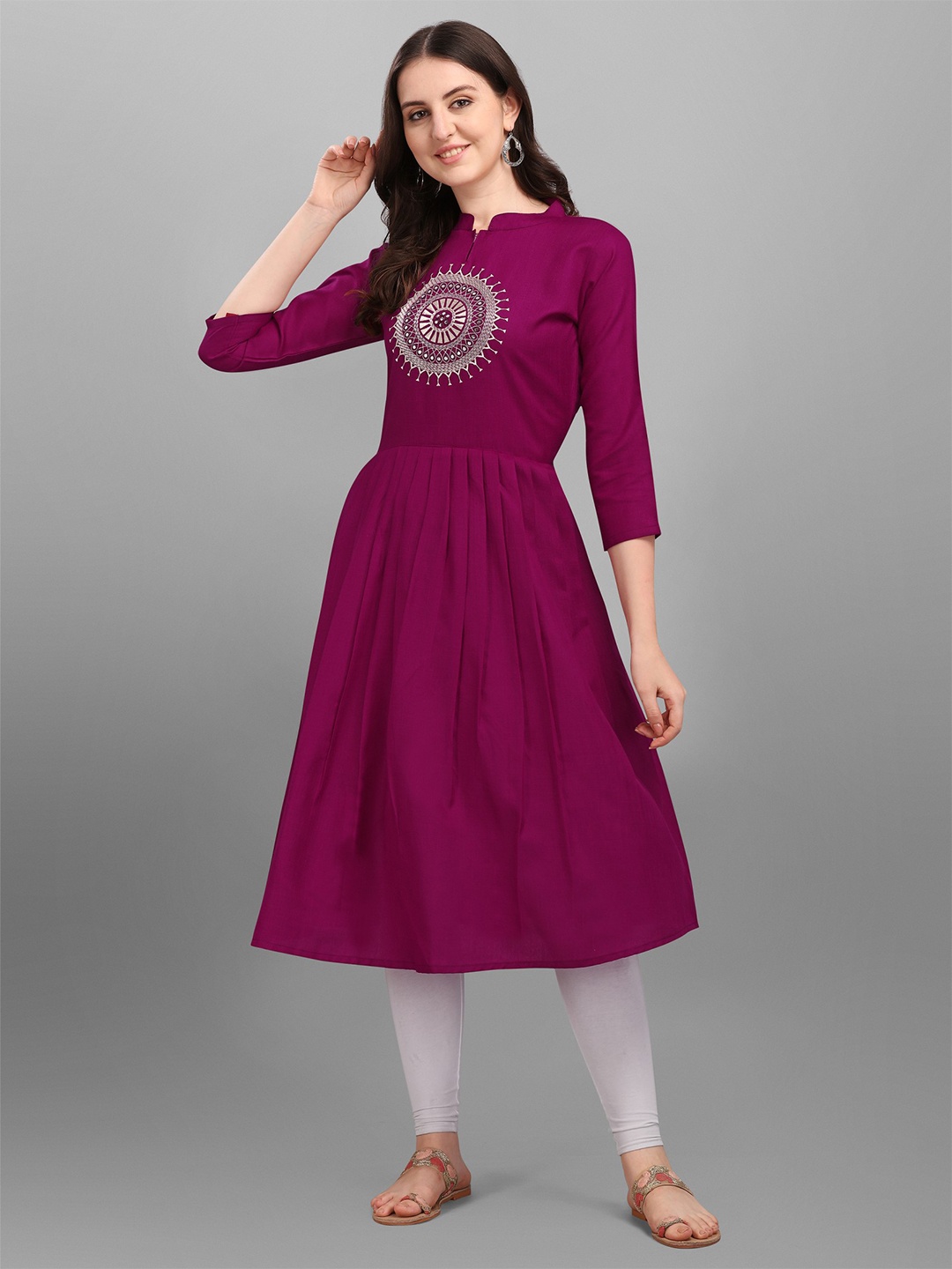 

Kinjo Mandarin Collar Mirror Work Ethnic Motifs Embroidered Pleated Anarkali Kurta, Purple