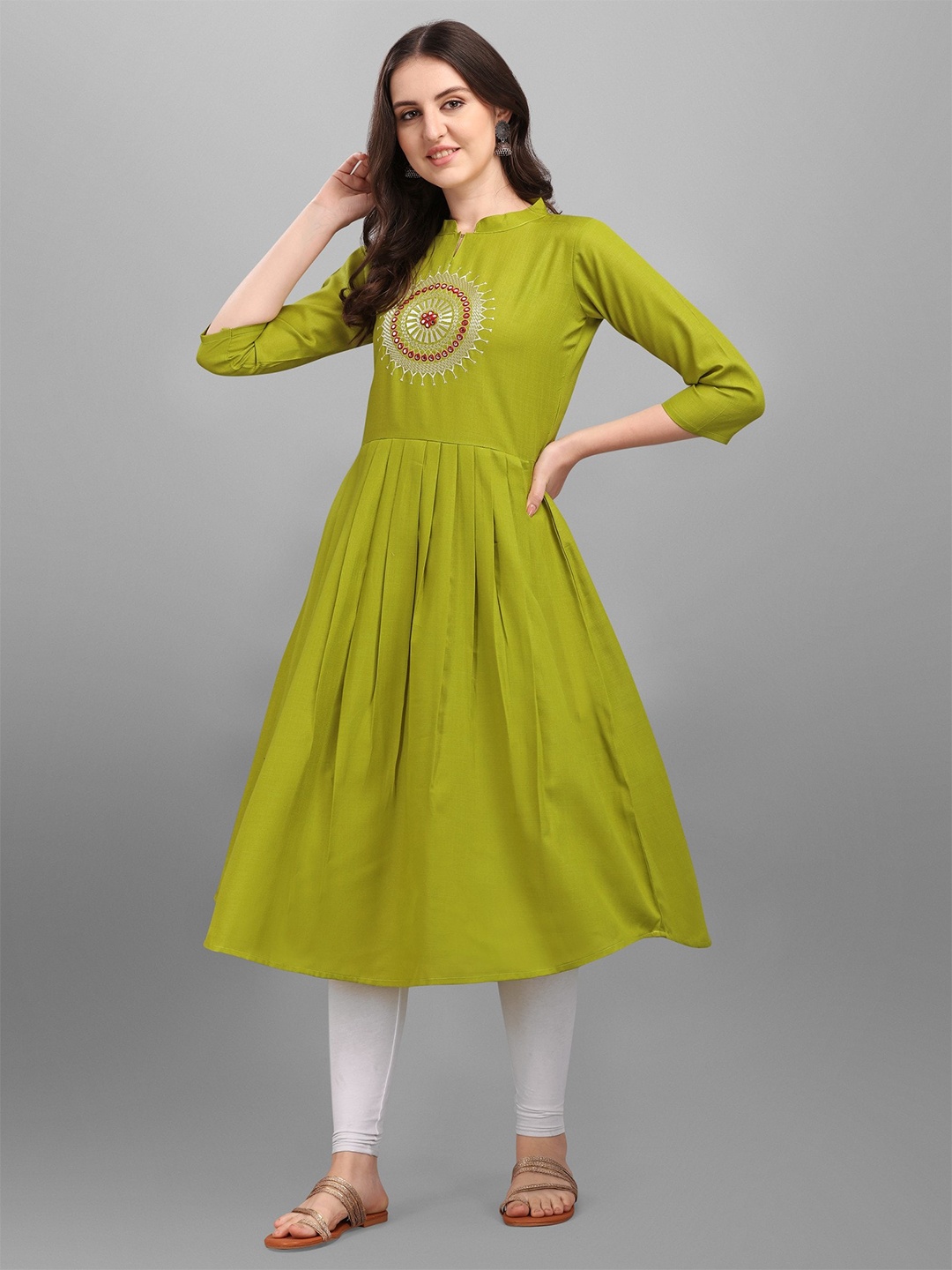 

Kinjo Yoke Design Mirror Work Anarkali Kurta, Lime green