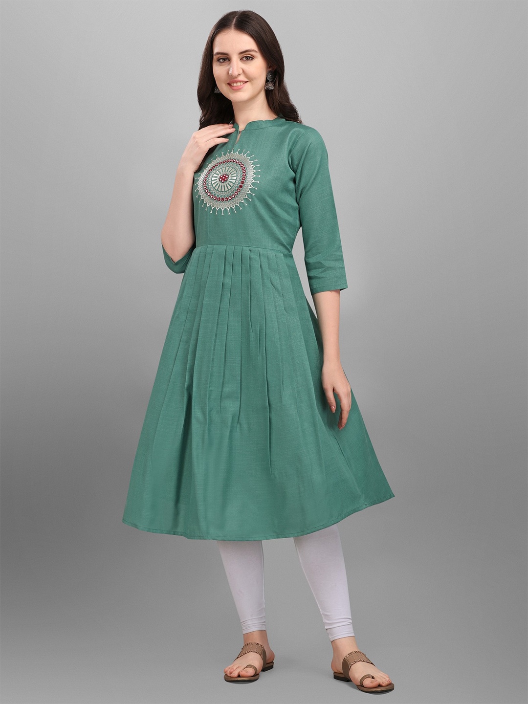 

Kinjo Mandarin Collar Mirror Work Ethnic Motifs Embroidered Pleated Anarkali Kurta, Green