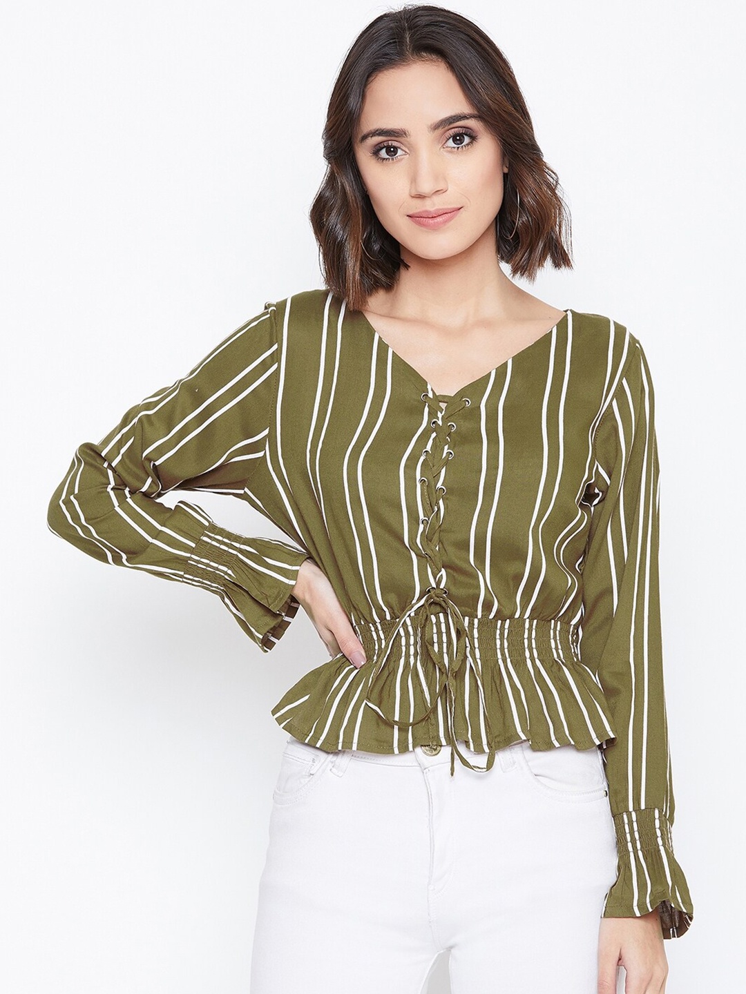 

Zastraa Vertical Striped Smocked Cinched Waist Top, Olive