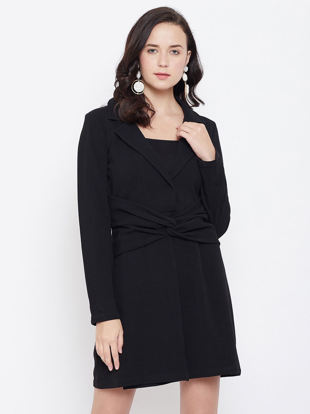 

Zastraa Notched Collar Shirt Style Coat Dress, Black