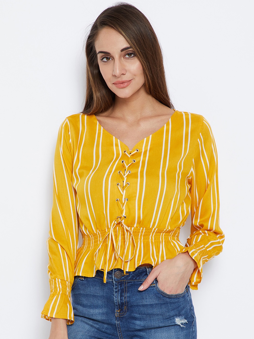 

Zastraa V-Neck Striped Cinched Waist Crop Top, Mustard