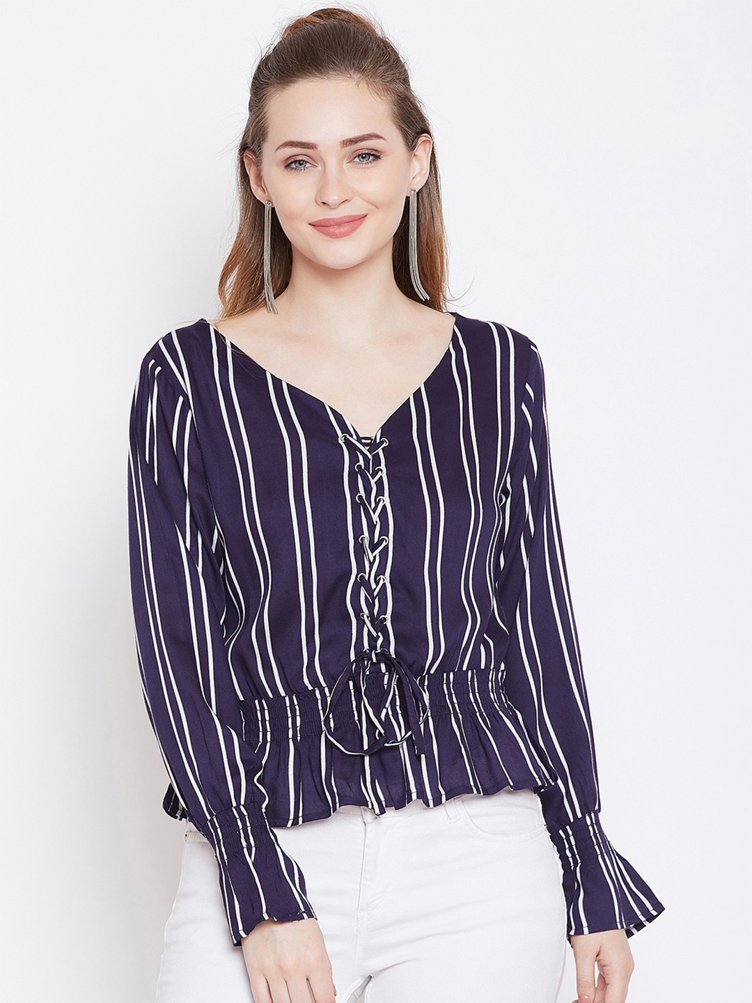 

Zastraa Striped V-Neck Tie-Up Bell Sleeves Cinched Waist Top, Navy blue