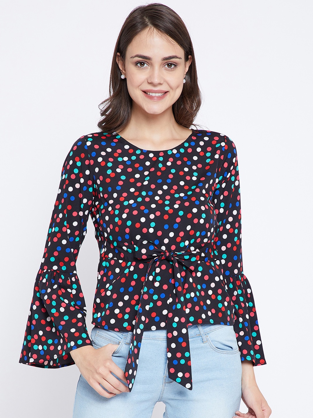 

Zastraa Polka Dots Printed Cinched Waist Top, Black