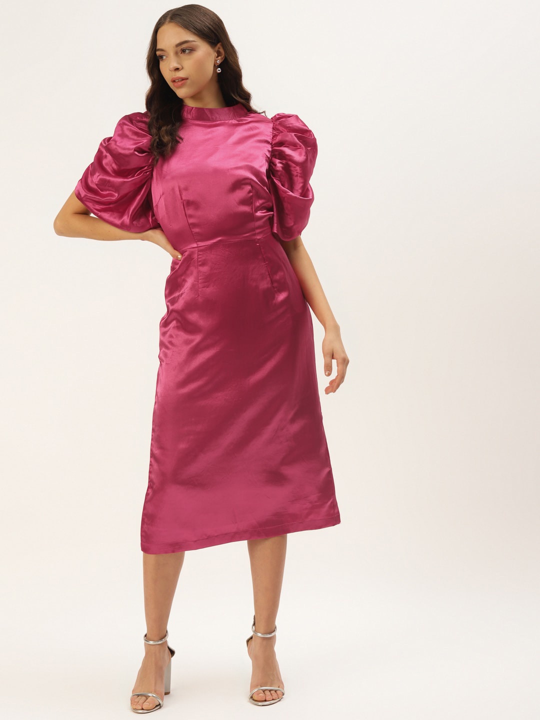 

Zastraa High Neck Puff Sleeves Sheath Midi Dress, Pink