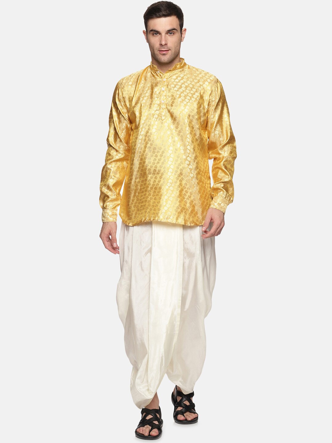 

Sethukrishna Mandarin Collar Kurta with Pure Cotton Dhoti Pants, Gold