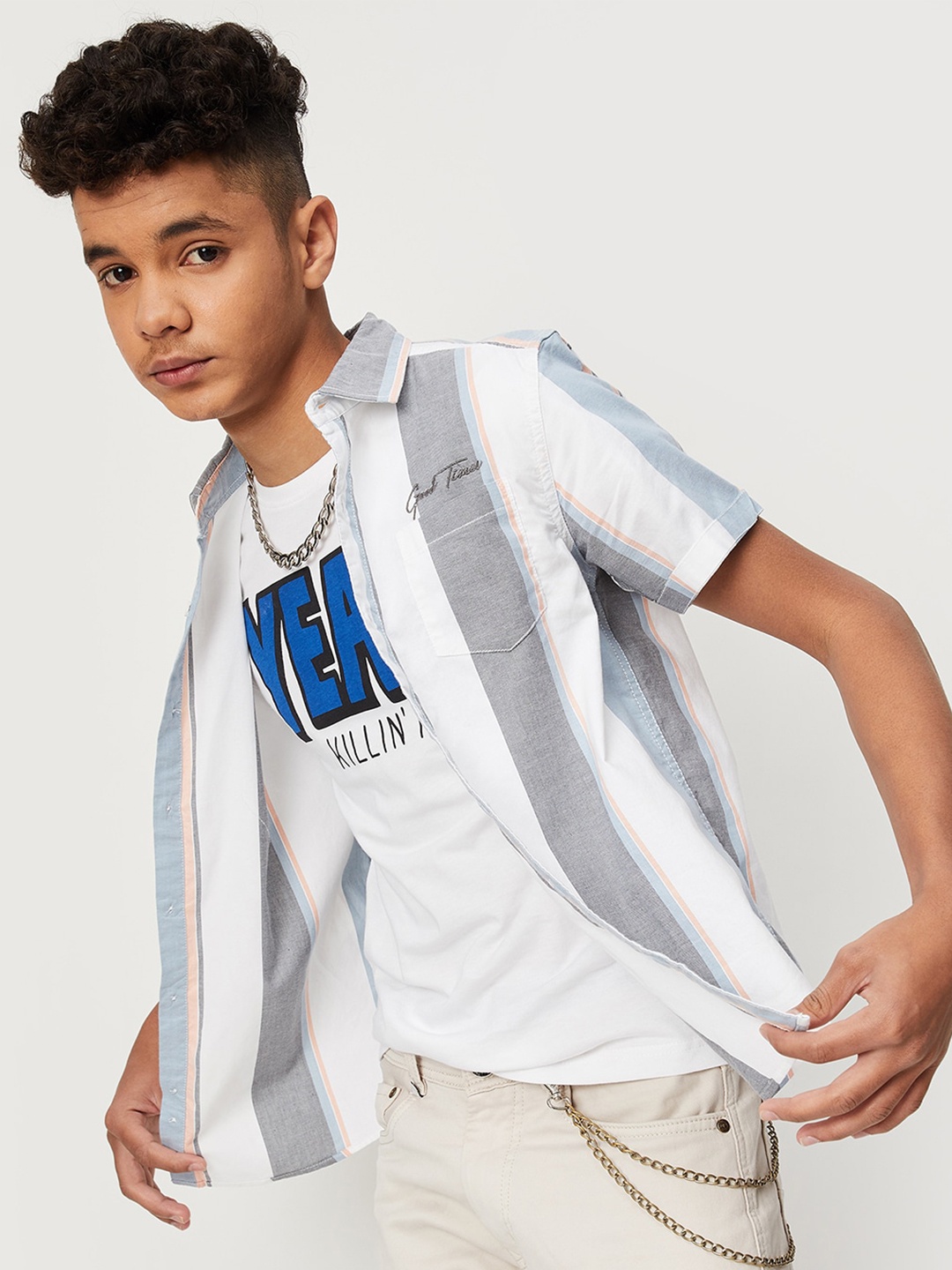 

max Boys Striped Casual Cotton Shirt, White