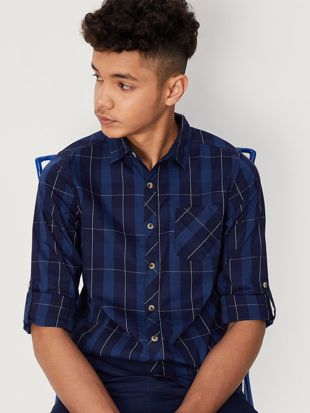 

max Boys Windowpane Checks Checked Pure Cotton Casual Shirt, Blue