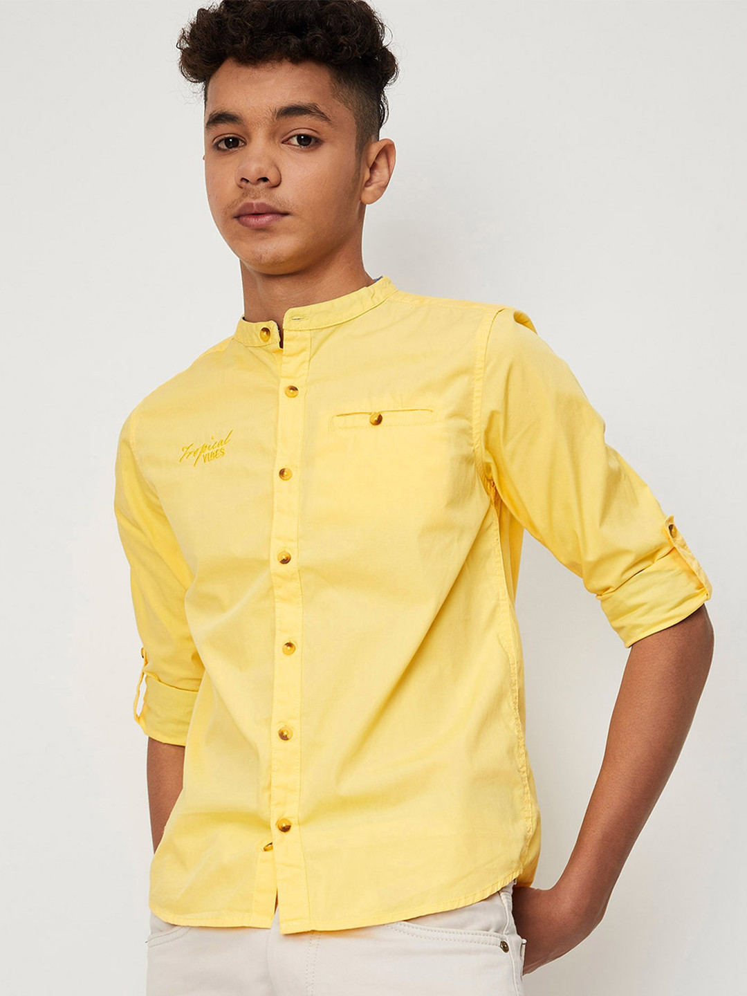

max Boys Band Collar Pure Cotton Casual Shirt, Yellow