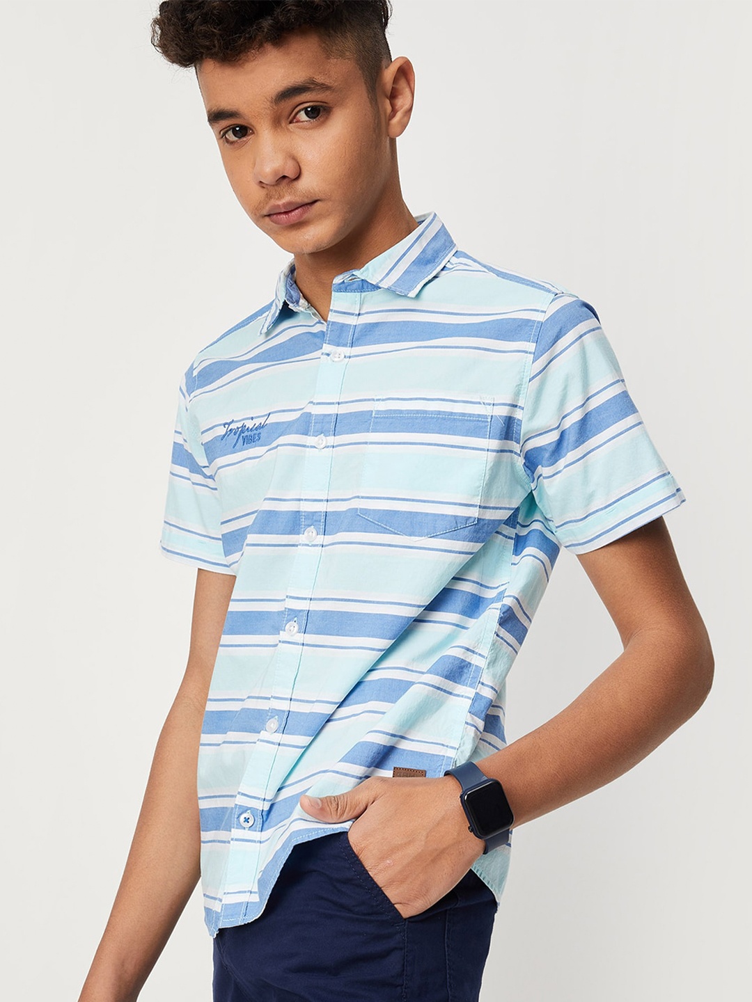 

max Boys Horizontal Stripes Striped Pure Cotton Casual Shirt, Blue