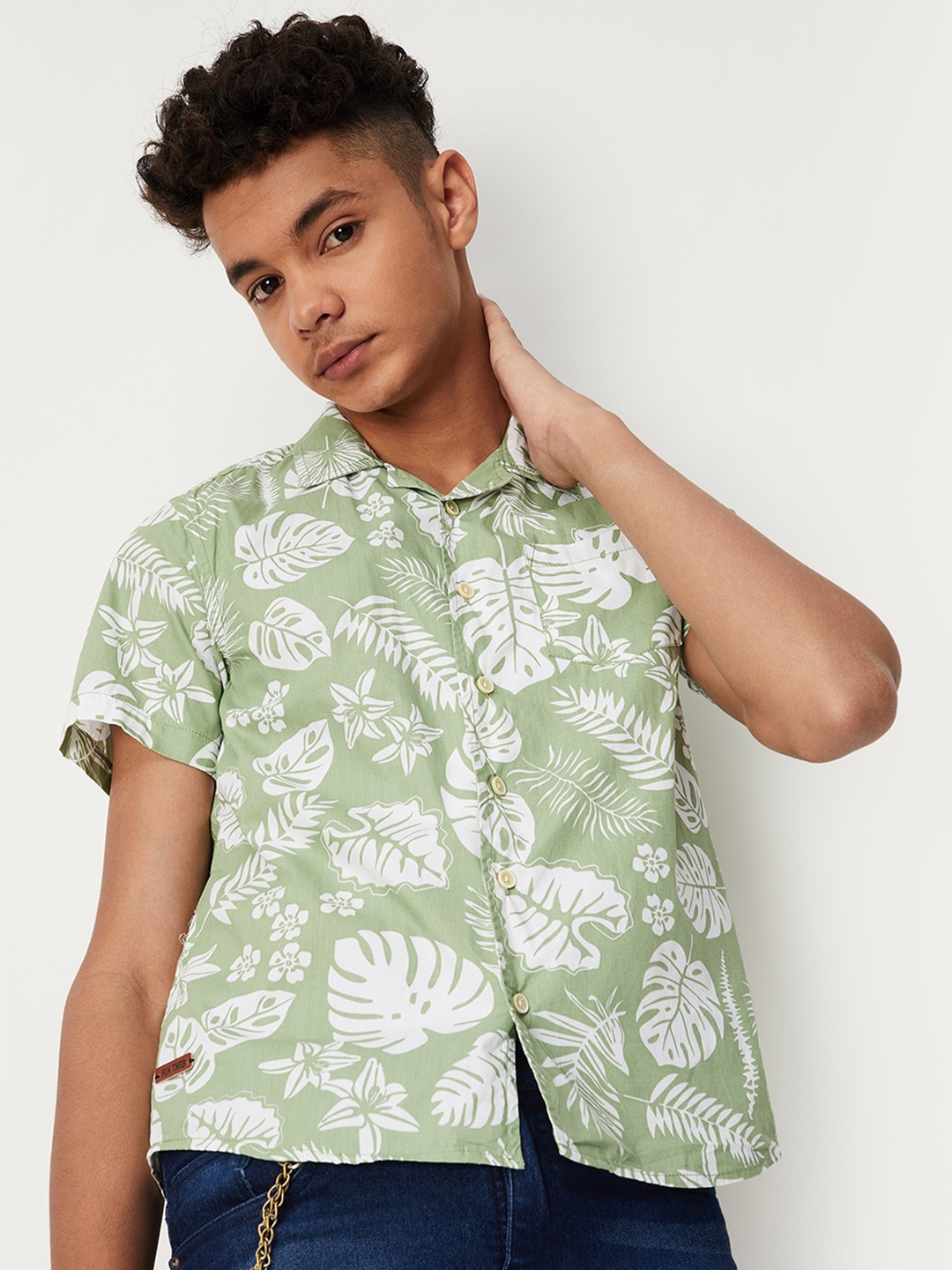 

max Boys Floral Printed Cotton Casual Shirt, Green