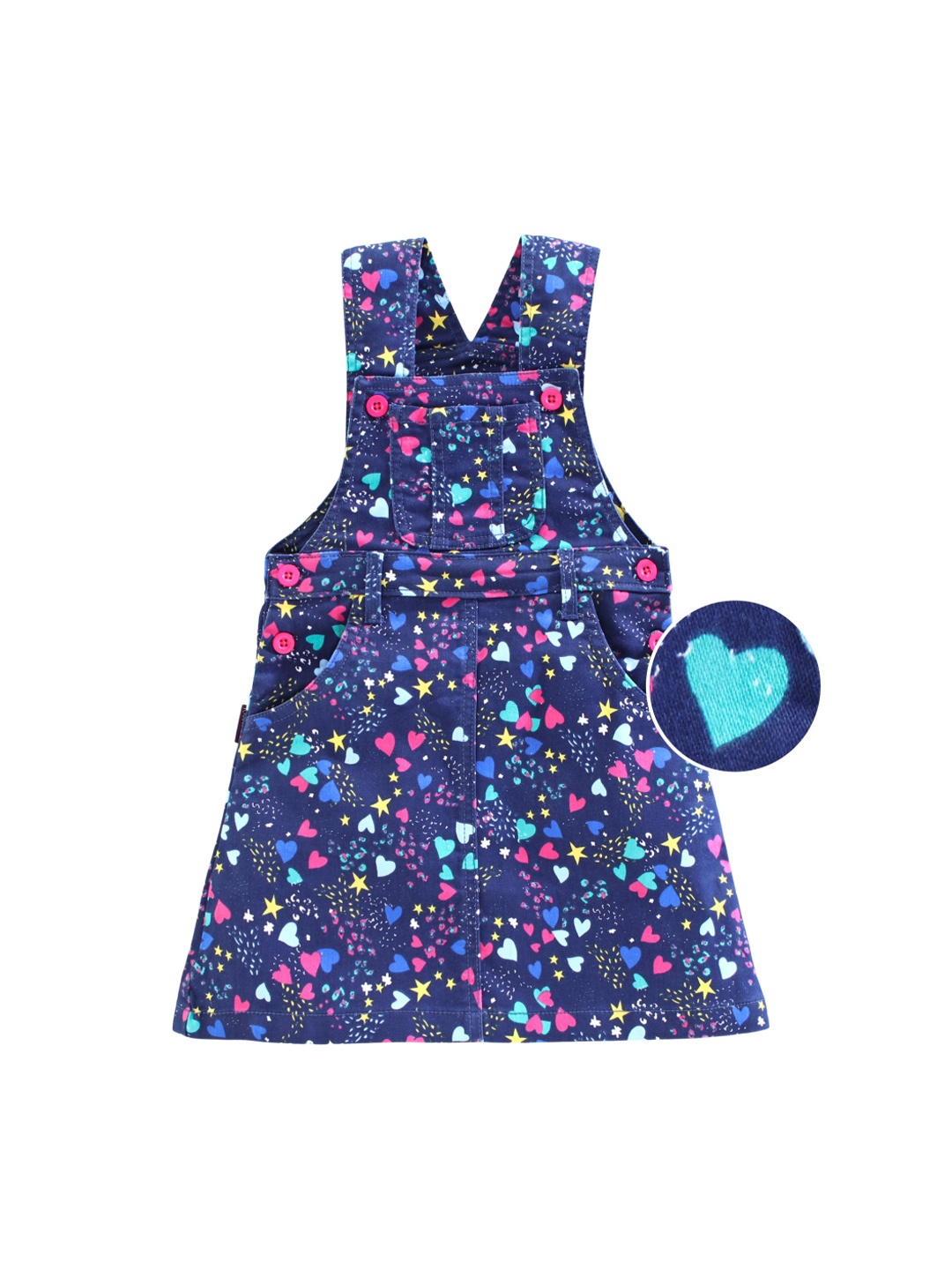 

KiddoPanti Girls Printed Pure Cotton Dungaree, Navy blue