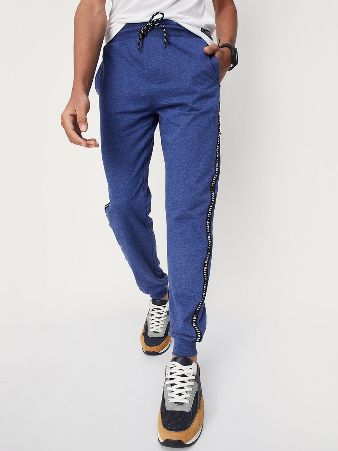 max Boys Side Printed Detail Pure Cotton Relaxed-Fit Joggers, Blue