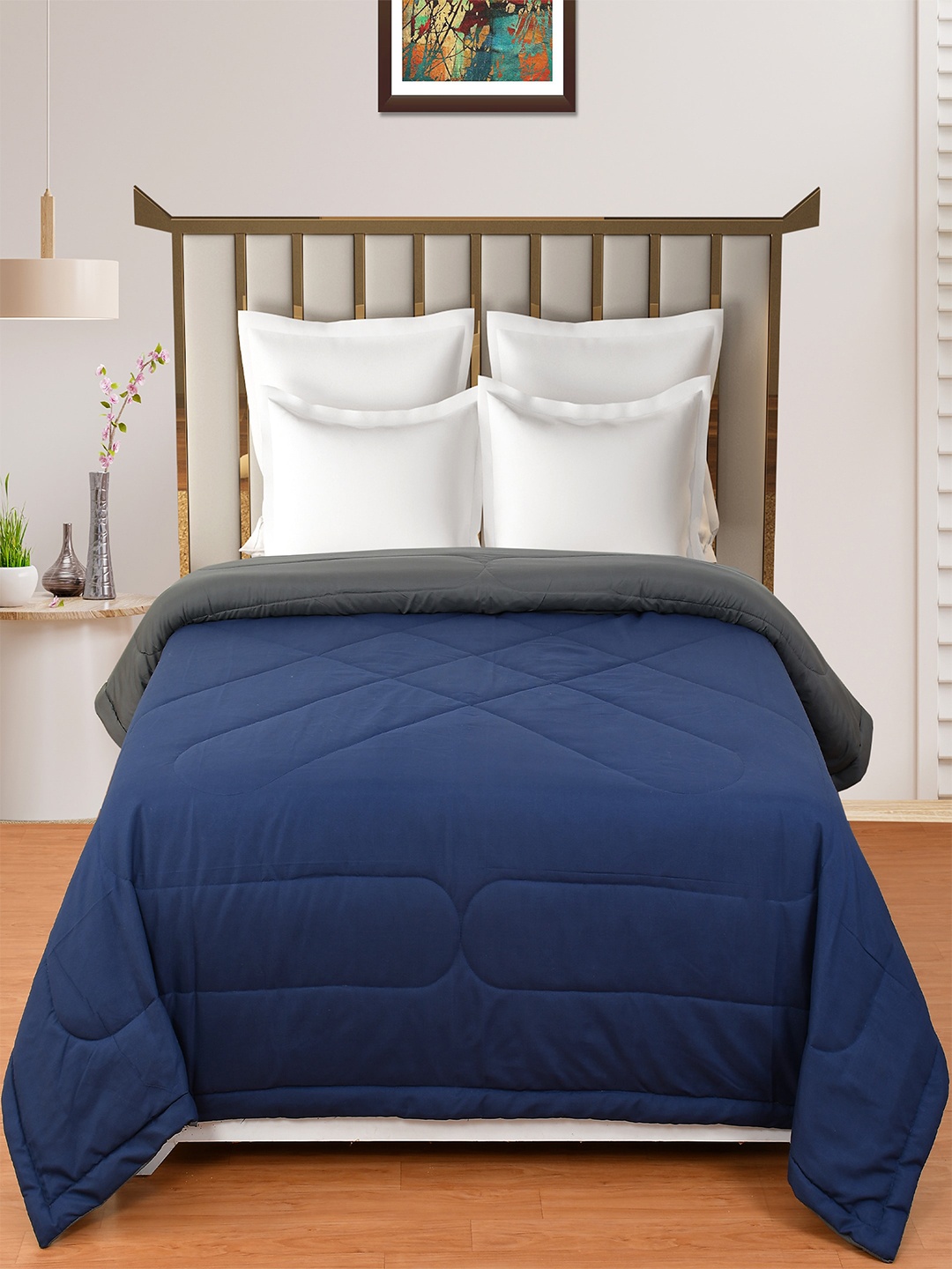 

Hammer Home Navy Blue & Grey Microfiber AC Room 200 GSM Reversible Double Bed Comforter