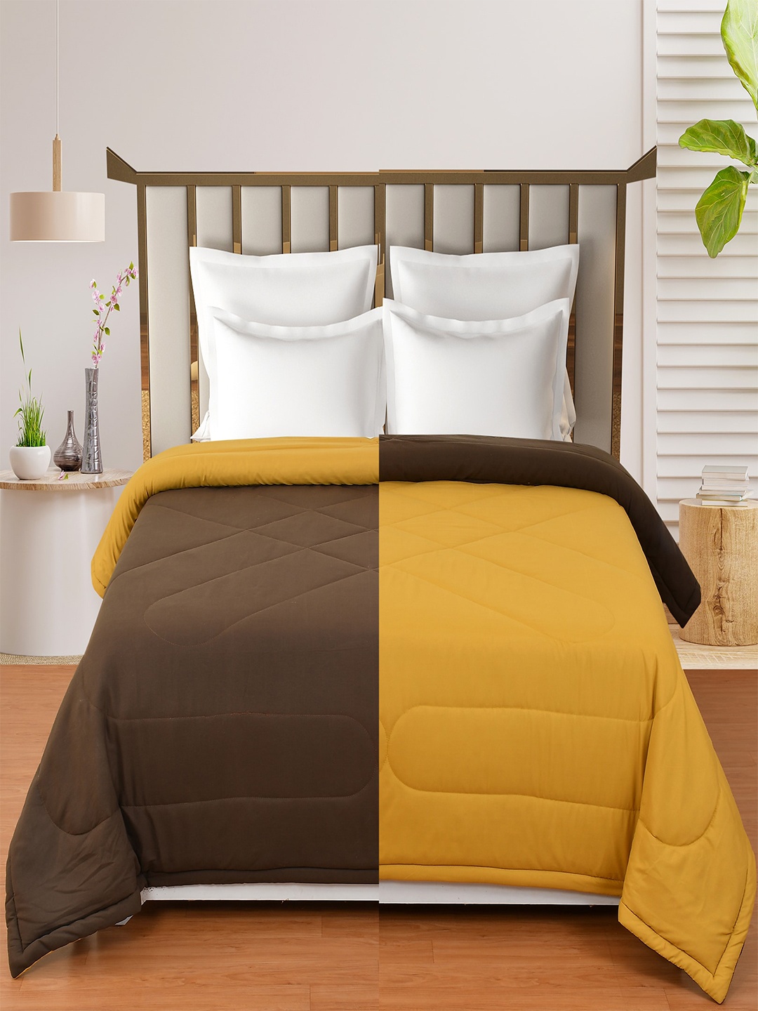 

Hammer Home Brown & Yellow Microfiber AC Room 200 GSM Reversible Double Bed Comforter