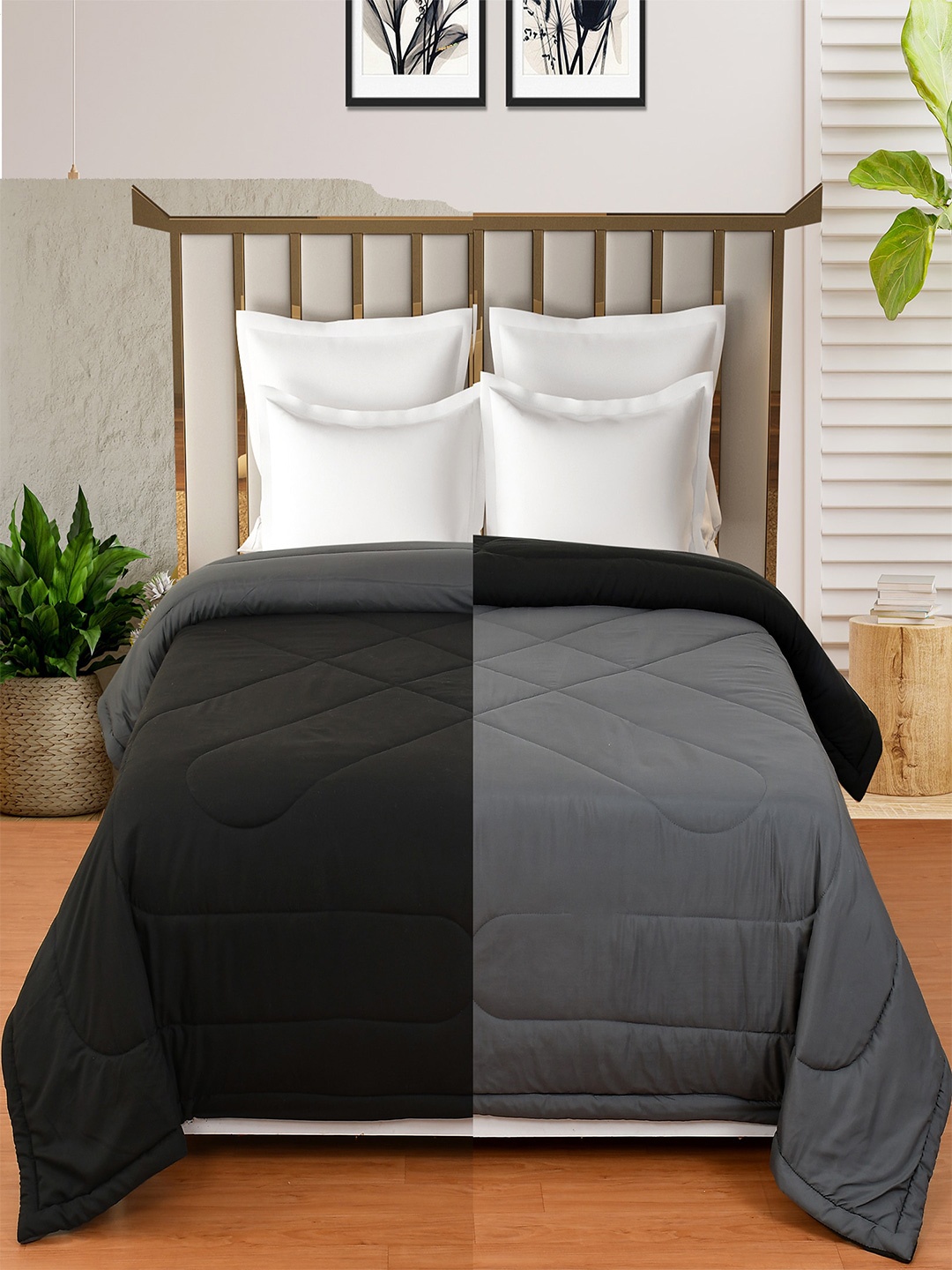 

Hammer Home Grey & Black Microfiber AC Room 200 GSM Reversible Double Bed Comforter