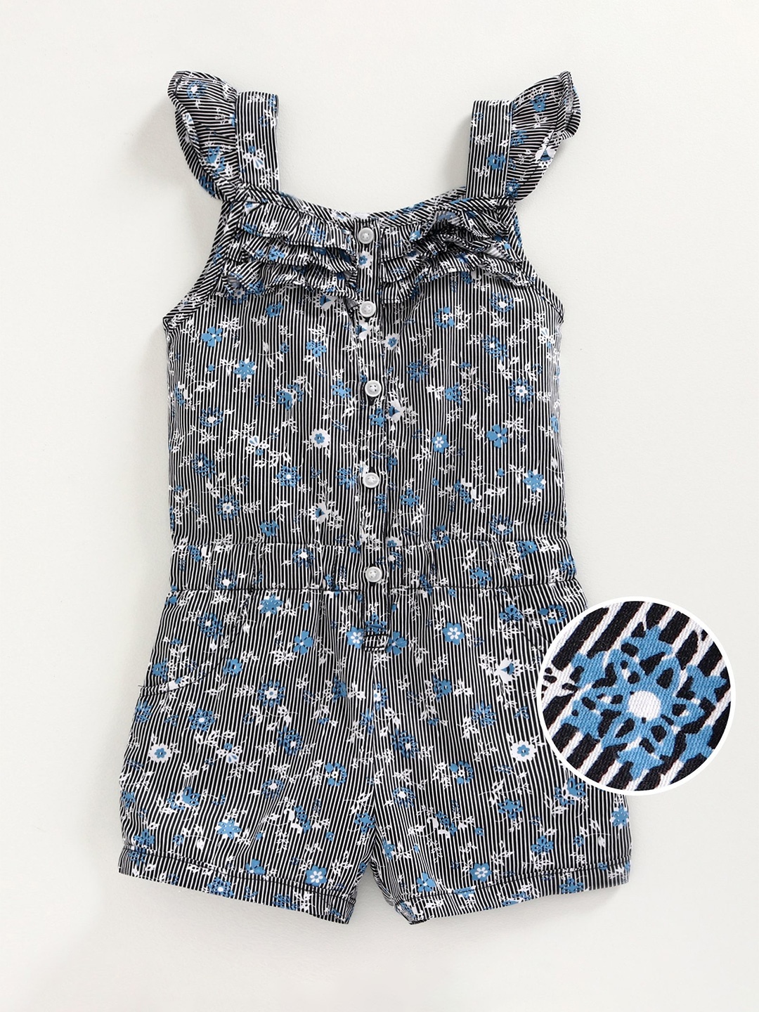 

KiddoPanti Girls Printed Pure Cotton Sleeveless Playsuit, Black