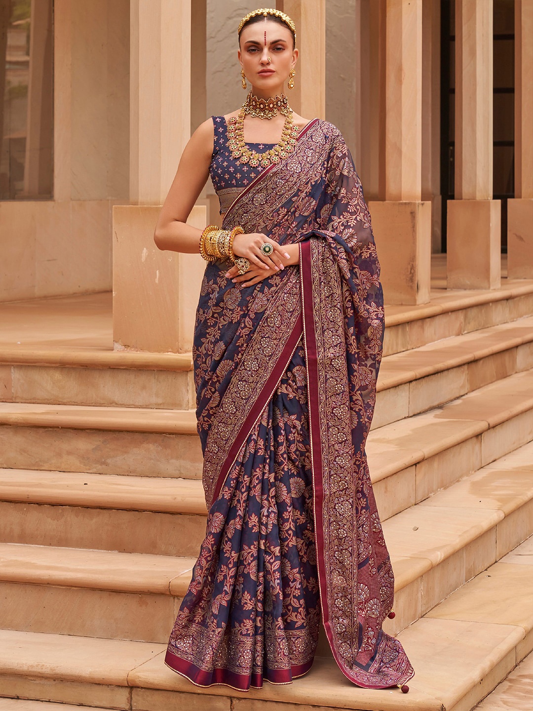 

Anouk Ethnic Motifs Woven Design Brasso Banarasi Saree, Navy blue