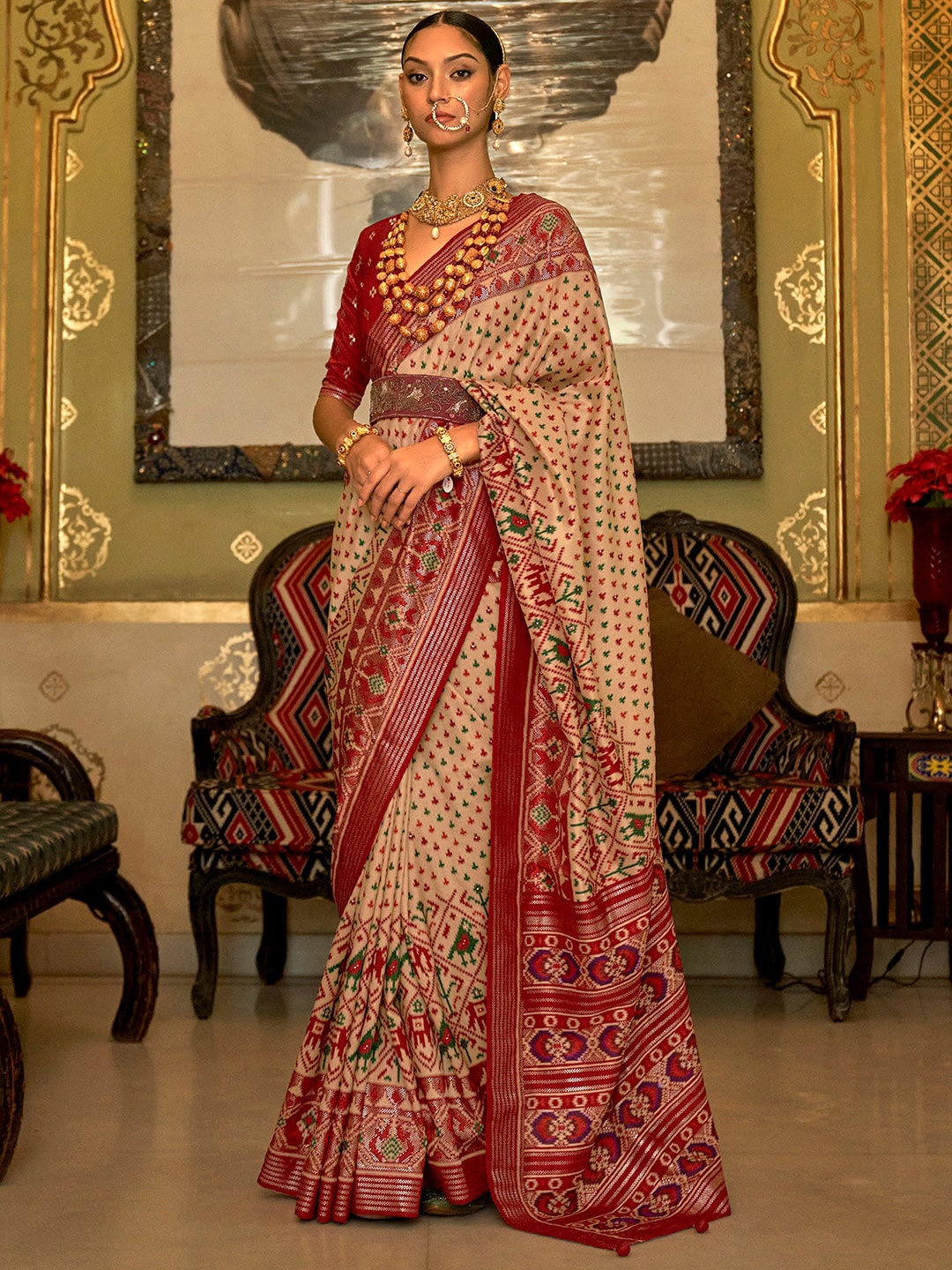 

Anouk Ethnic Motifs Woven Design Zari Patola Saree, Cream
