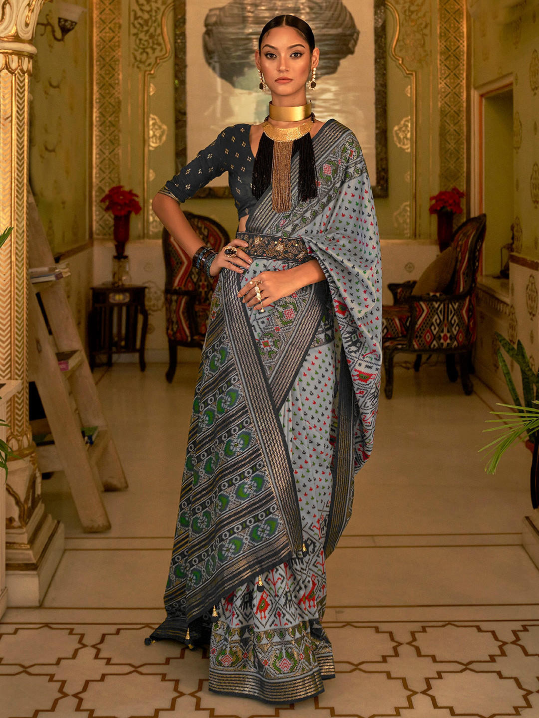 

Anouk Ethnic Motif Woven Design Zari Patola Saree, Grey