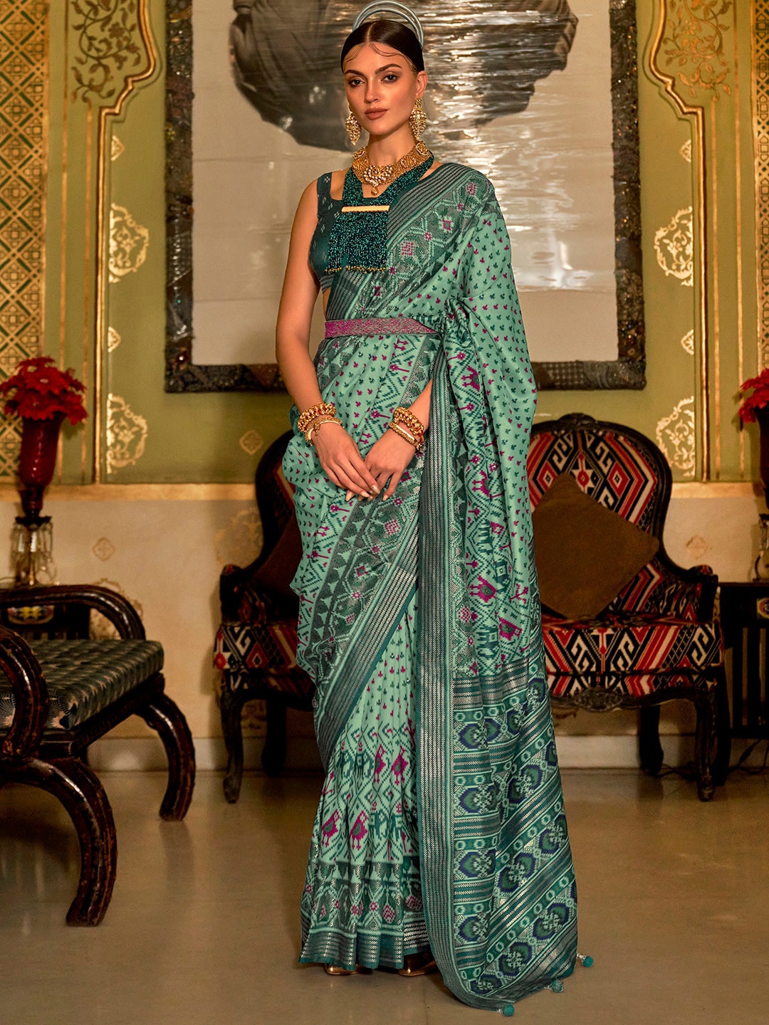 

Anouk Ethnic Motif Woven Design Patola Saree, Sea green