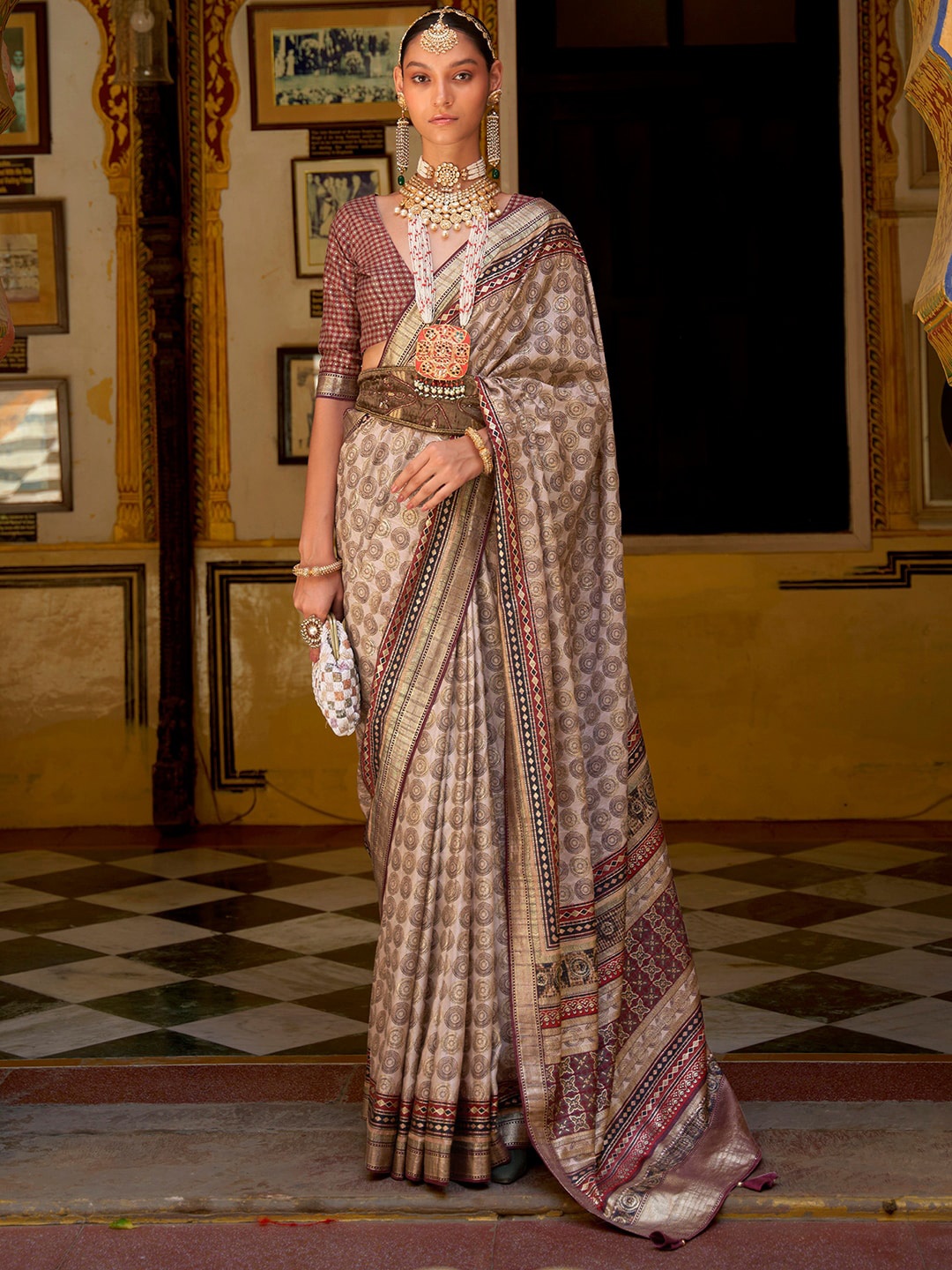 

Anouk Ethnic Motifs Woven Design Bagru Saree, Cream