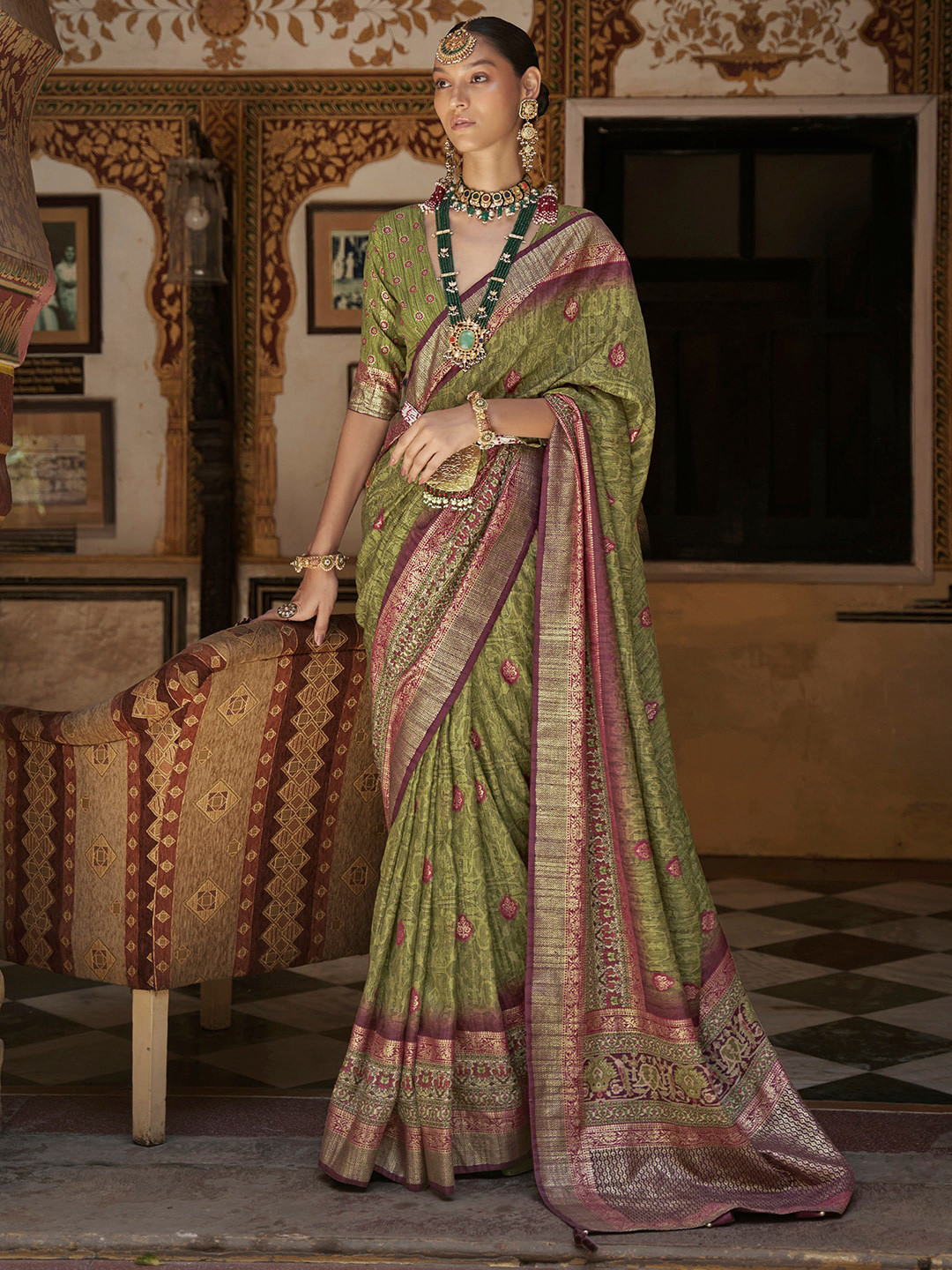 

Anouk Ethnic Motifs Woven Design Bagru Saree, Green