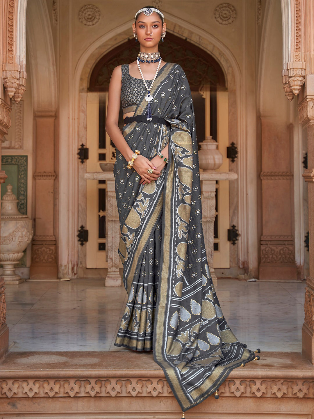 

Anouk Ethnic Motifs Woven Design Zari Banarasi Saree, Grey