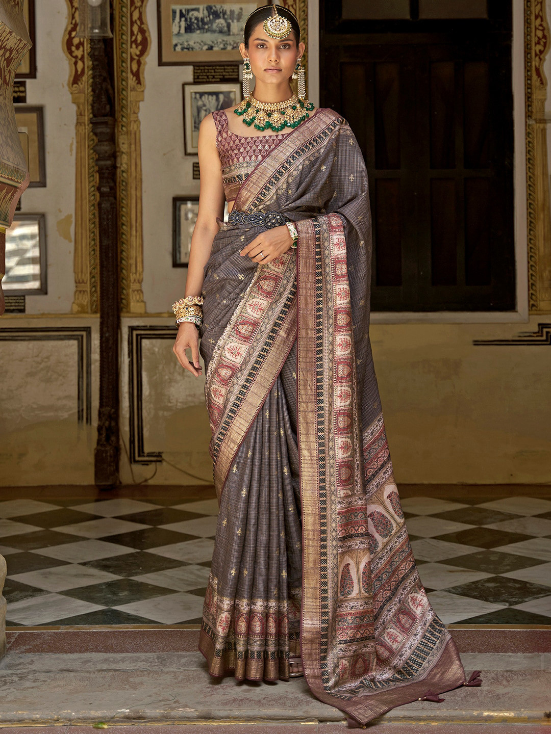

Anouk Ethnic Motifs Woven Design Zari Bagru Saree, Brown