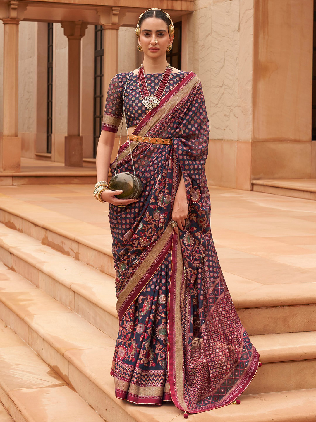 

Anouk Floral Brasso Embellished Banarasi Saree, Navy blue