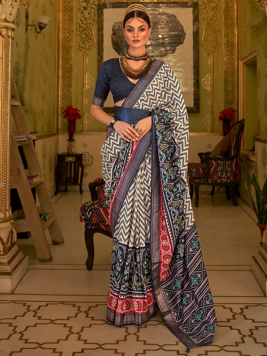 

Anouk Ethinic Motif Printed Zari Patola Saree, Cream