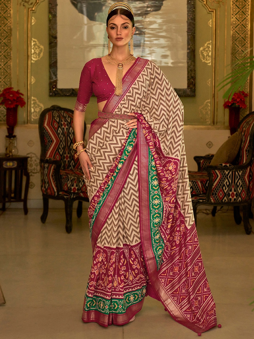 

Anouk Ethinic Motif Printed Zari Patola Saree, Cream